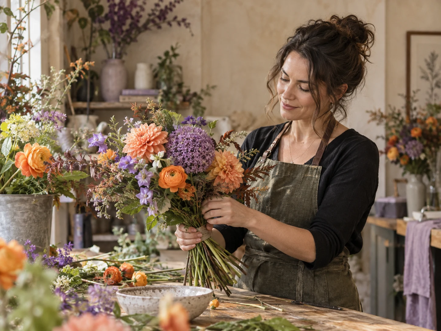 A florist arranging a colourful bouquet at her shop counter
